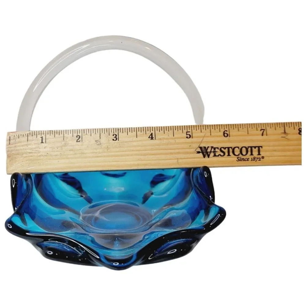 Vtg Viking Art Glass 1960s Blue With Clear Handle Epic Basket Candy Dish #1510‎